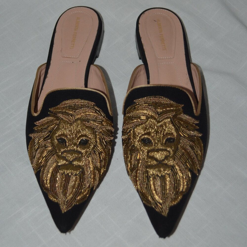 Sz 37 6.5 Alberta Ferretti Black Embroidered Gold Lion Flat Mules Slides